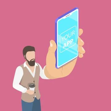 Flat isometric vector concept of mobile app launch, startup idea. Stock Illustration