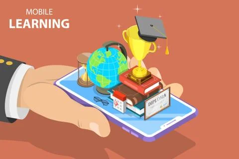 Flat isometric vector concept of mobile education, e-learning, webinar. Stock Illustration