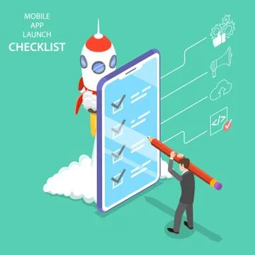 Flat isometric vector concept for mobile app launch checklist. Stock Illustration