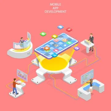 Flat isometric vector concept of mobile app development, programming. Illustrazione stock