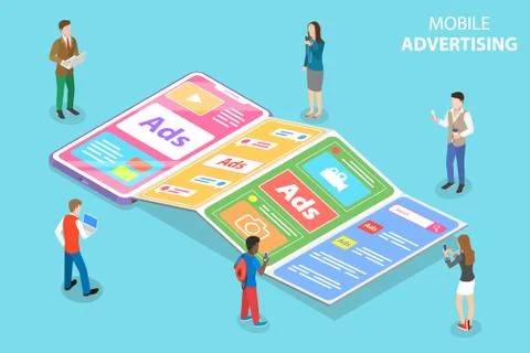 Flat isometric vector concept of mobile advertising, social media sponsored ads. Stock Illustration