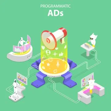 Flat isometric vector concept of programmatic advertising. Stock Illustration