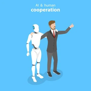 Flat isometric vector concept of robot and human cooperation. Stock Illustration