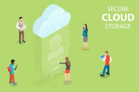 Flat isometric vector concept of secure cloud storage, big data. Stock Illustration