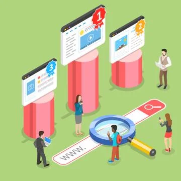 Flat isometric vector concept of seo ranking, website optimization marketing. Stock Illustration