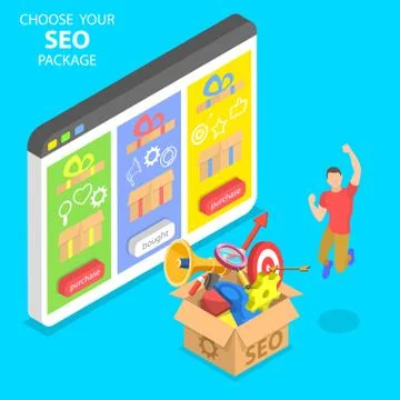 Flat isometric vector concept of SEO package choosing, search engine ranking. Stock Illustration
