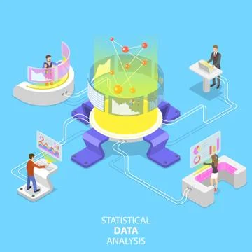 Flat isometric vector concept of statictical data analysis and analytics. Stock Illustration
