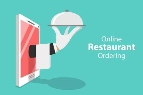 Flat isometric vector concept of table online reservation, mobile booking. Stock Illustration