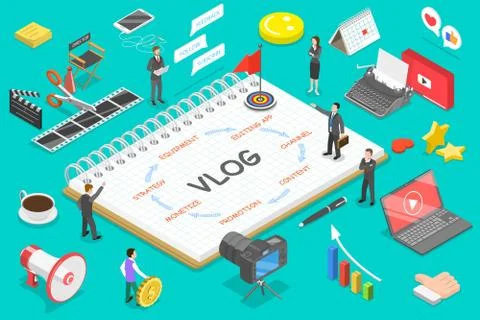 Flat isometric vector concept of video blog, vlog, creating online channel. Stock Illustration