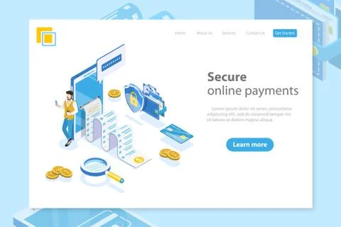 Flat isometric vector landing page header for online payment, money transfer. Stock Illustration
