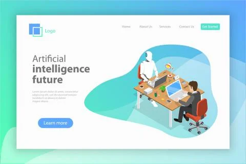 Flat isometric vector landing page for AI future. Stock Illustration