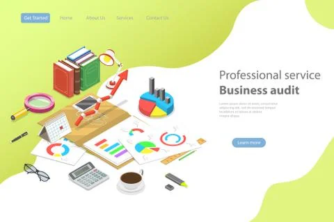 Flat isometric vector landing page template for business audit service. Stock Illustration