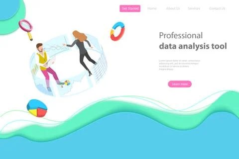 Flat isometric vector landing page template for data analysis. Stock Illustration