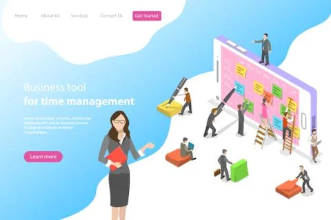 Flat isometric vector landing page template for time management tool. Stock Illustration