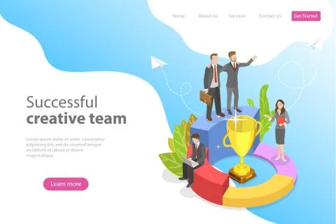 Flat isometric vector landing page template for successful creative team. Stock Illustration