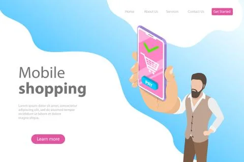 Flat isometric vector landing page template for online shopping, mobile store. Stock Illustration