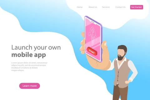 Flat isometric vector landing page template for mobile app launch. Stock Illustration
