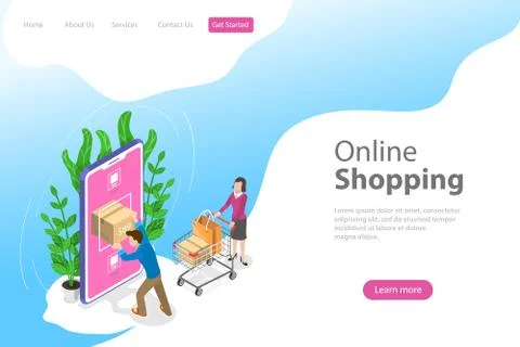 Flat isometric vector landing page template for mobile shopping, e-commerce. Stock Illustration