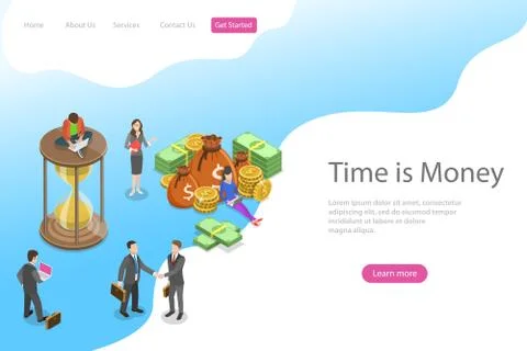 Flat isometric vector landing page template for time is money, income growth. Stock Illustration