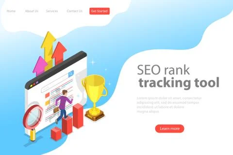 Flat isometric vector landing page template of seo rank tracking tool. Stock Illustration