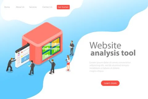 Flat isometric vector landing page template of website data analysis. Stockillustratie