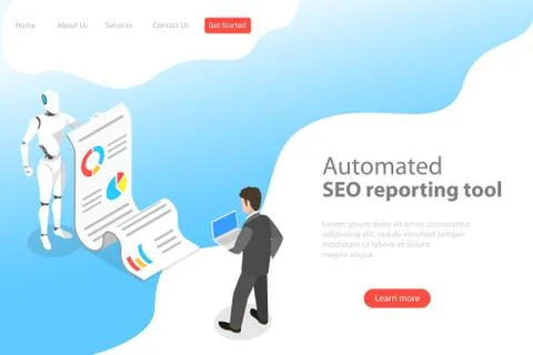 Flat isometric vector landing page template of automated SEO report. Stock Illustration