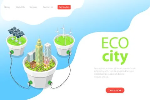 Flat isometric vector landing page template of eco city, solar panels. Stock Illustration