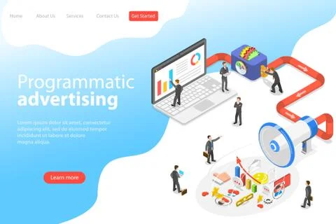 Flat isometric vector landing page template of programmatic advertising. Illustrazione stock