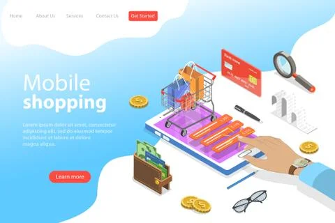 Flat isometric vector landing page template of mobile shopping, e-commerce. Stock Illustration