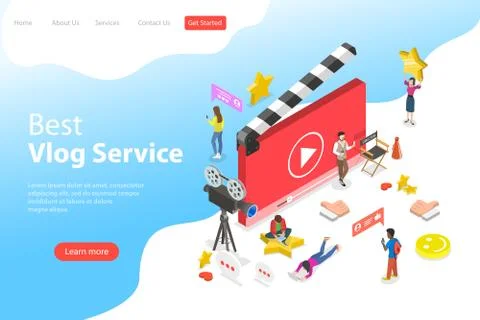 Flat isometric vector landing page template of video blog, vlog, online channel. Stockillustratie