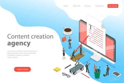 Flat isometric vector landing page template of content creating, copywriting. Illustrazione stock