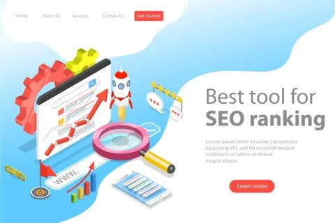 Flat isometric vector landing page template of seo ranking tool. Stock Illustration