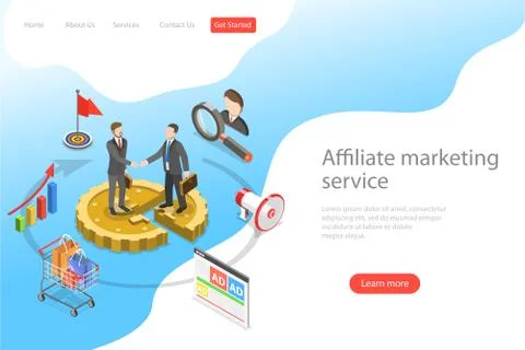 Flat isometric vector landing page template of affiliate marketing. Stock Illustration