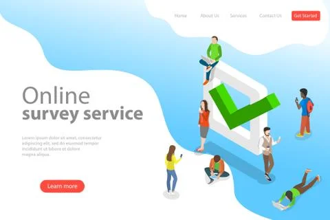 Flat isometric vector landing page template of online survey service. Stock Illustration