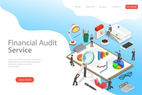 Flat isometric vector landing page template of financial audit service. Stock Illustration