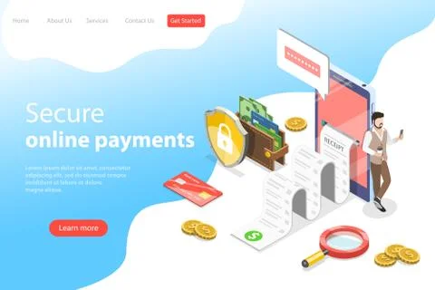 Flat isometric vector landing page template of secure online payment, receipt. Stock Illustration