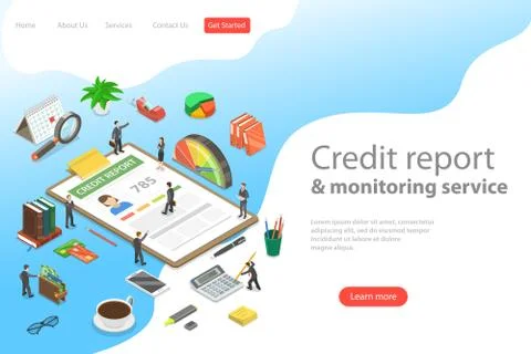 Flat isometric vector landing page template of credit score information. Illustrazione stock