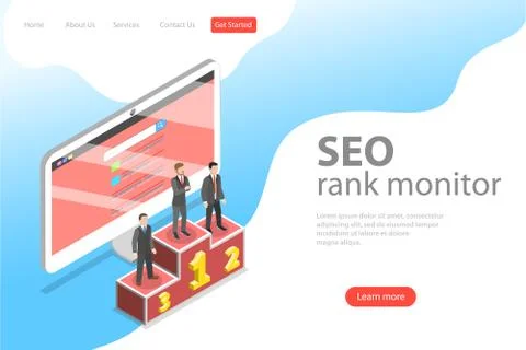 Flat isometric vector landing page template of seo ranking monitor. Illustrazione stock