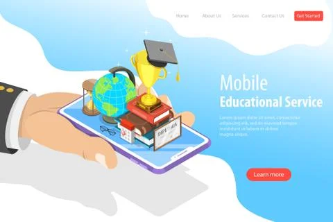 Flat isometric vector landing page template of mobile education, e-learning. Illustrazione stock