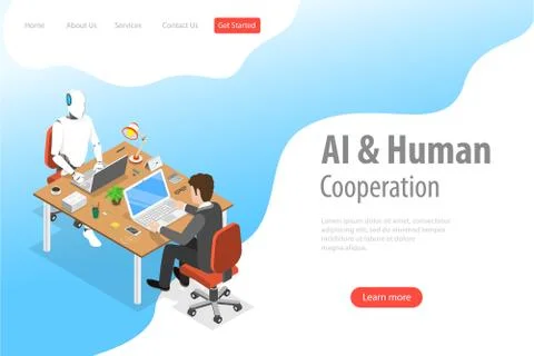 Flat isometric vector landing page template of robot and human cooperation. Stock Illustration
