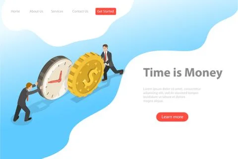 Flat isometric vector landing page template for time is money, income growth. Stock Illustration