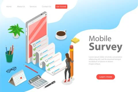 Flat isometric vector landing page template of mobile survey, customer review. Stock Illustration