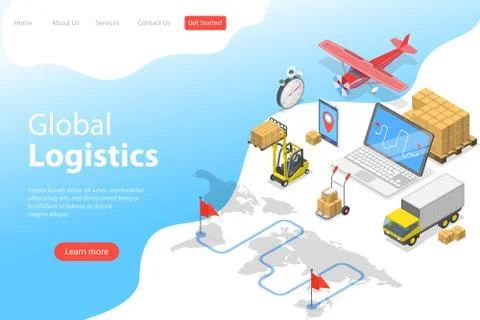 Flat isometric vector landing page template of global logistics. Stock Illustration