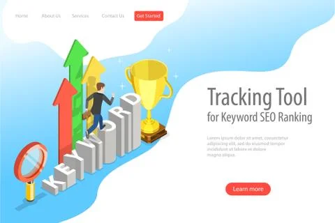 Flat isometric vector landing page template of tracking tool for keyword ranking Stock Illustration