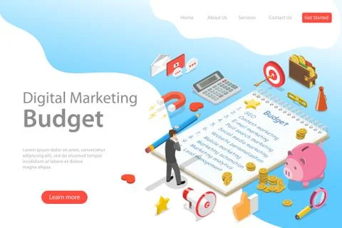 Flat isometric vector landing page template of digital marketing budget, seo. Stock Illustration