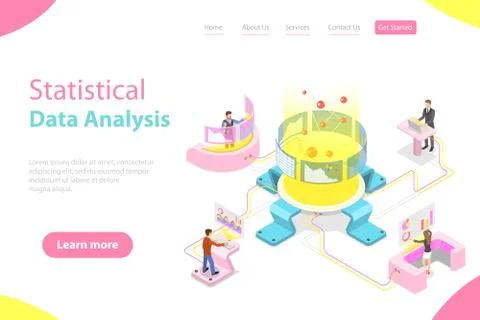 Flat isometric vector landing page template of statictical data analysis. Stock Illustration