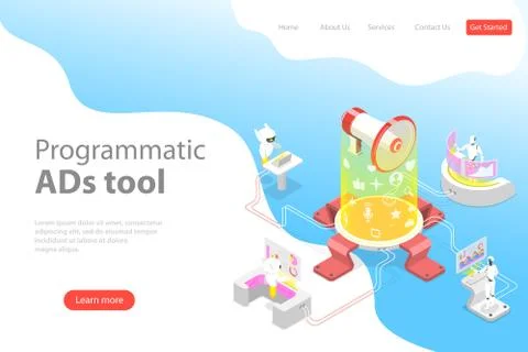 Flat isometric vector landing page template of programmatic advertising. Stock Illustration