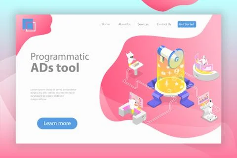 Flat isometric vector landing page template of programmatic advertising. Stock Illustration