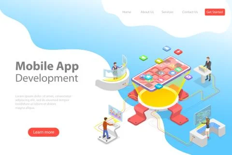 Flat isometric vector landing page template of mobile app development. Illustrazione stock