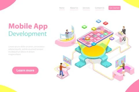 Flat isometric vector landing page template of mobile app development. イラスト素材